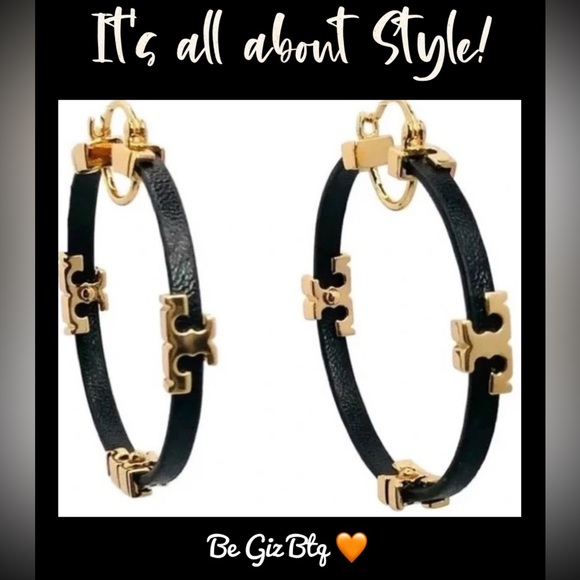 Tory Burch Jewelry - 🆕 Authentic TORY BURCH Gold Black Serif T & Leather Hoop Earrings